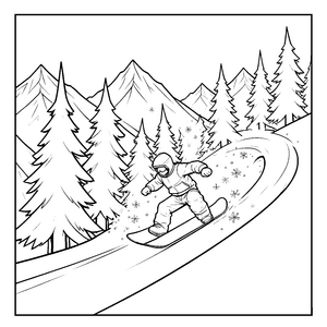 Dynamisches Snowboarden in den Bergen Malbild für junge Wintersportler