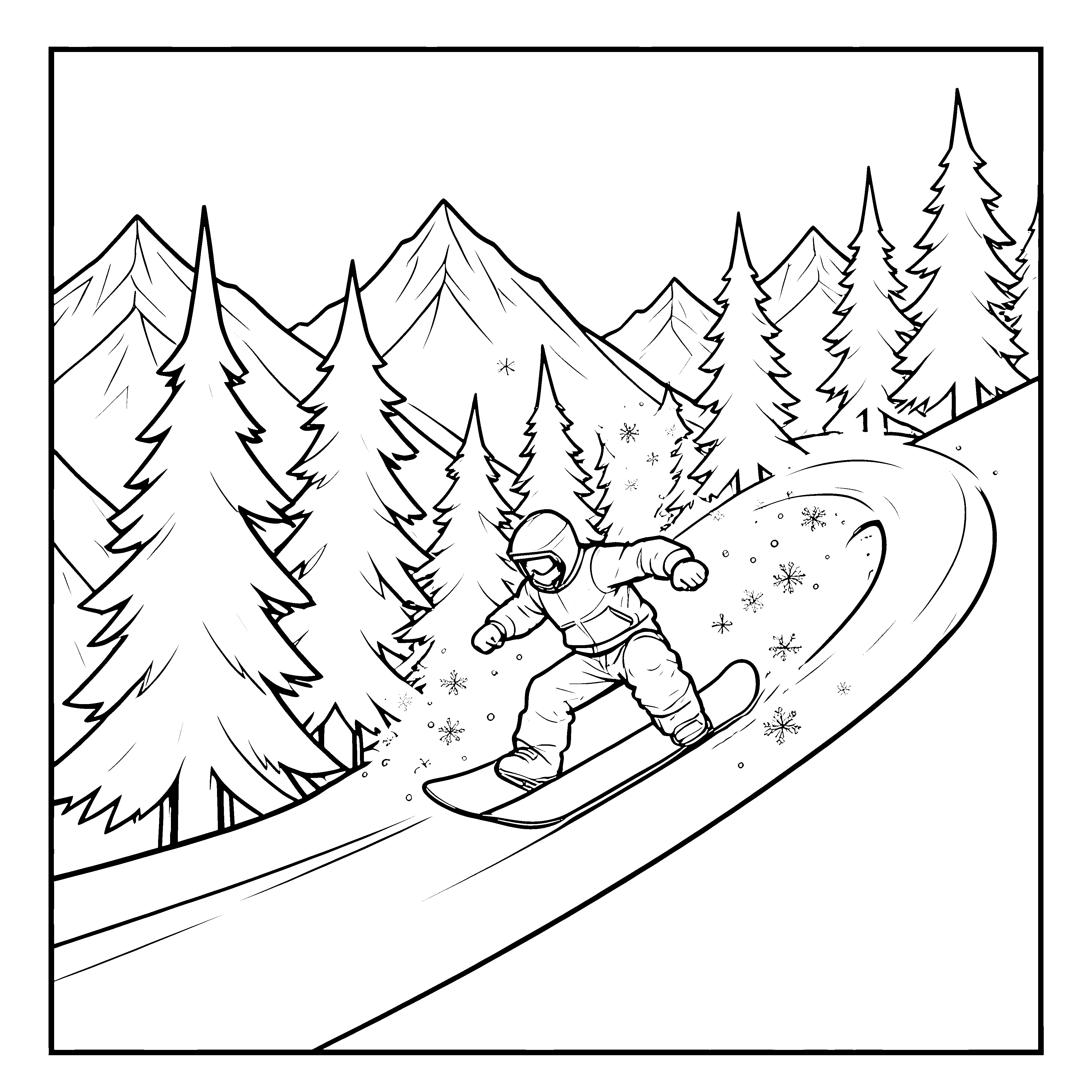 Dynamisches Snowboarden in den Bergen Malbild für junge Wintersportler