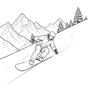 Abenteuerliches Snowboarden in den Bergen Ausmalvorlage für verträumte Bergfreunde
