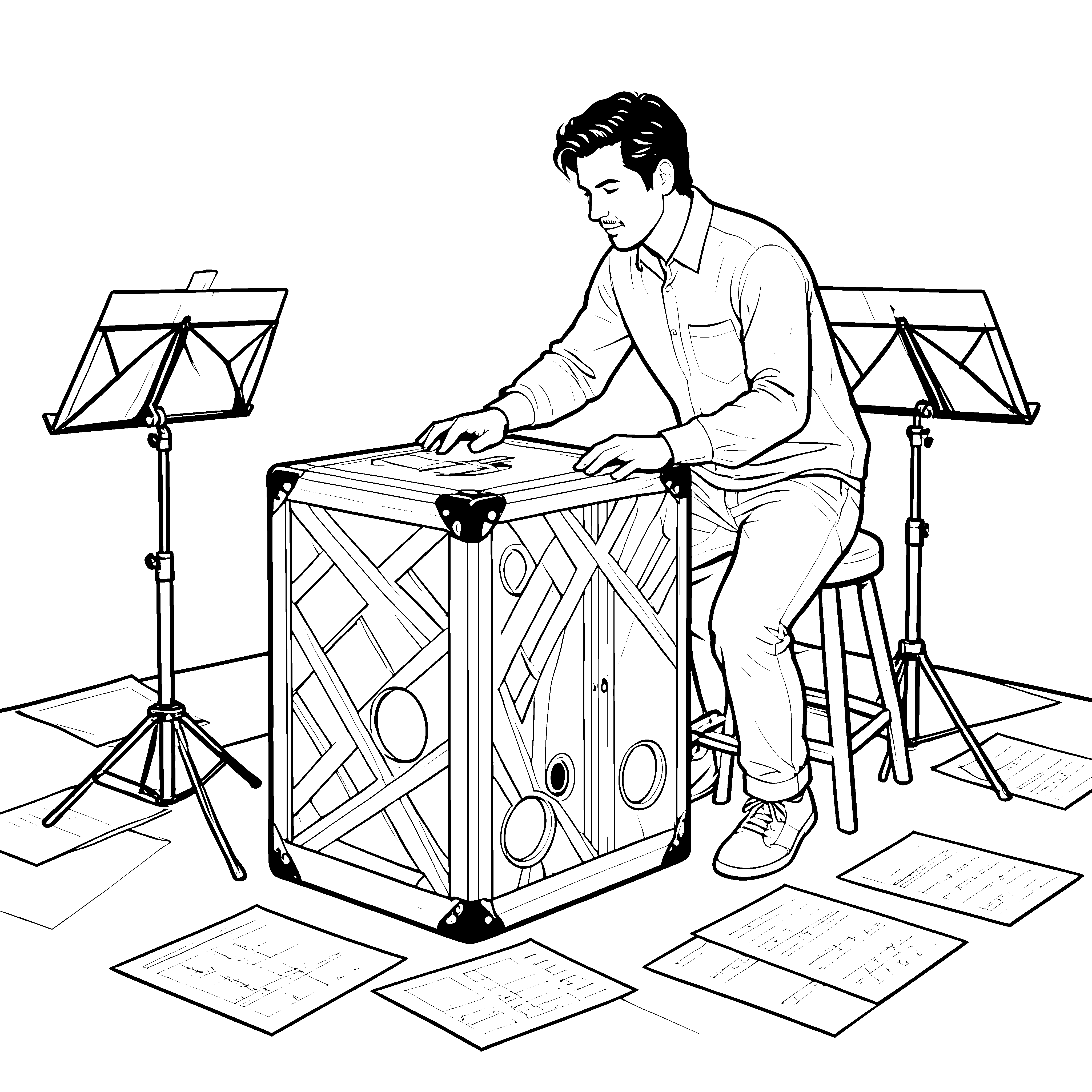Konzentrierter Musiker mit Cajon-Malvorlage für mutige Taktgeber