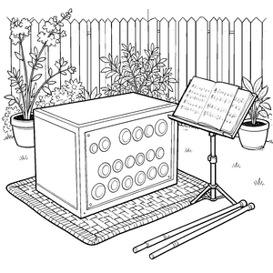 Idyllisches Cajon mit Noten Malbild für mutige Gartenfreunde