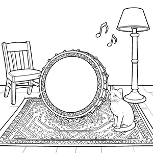 Rhythmisches Tamburin mit Katze Ausmalvorlage für neugierige Musikbegeisterte