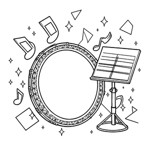 Melodisches Tamburin mit Notenständer Malvorlage für Musikfreunde
