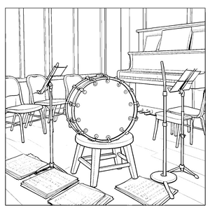 Stimmiges Tamburin im Musikzimmer Ausmalbild für junge Klavierfreunde