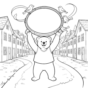 Winterlicher Bär mit Tamburin Malbild für kleine Schneefreunde