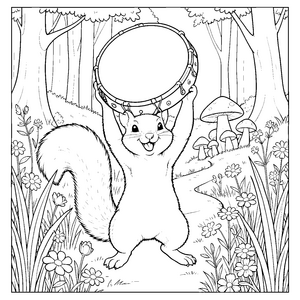 Fröhliches Eichhörnchen mit Tamburin Malbild für kreative Waldtiere