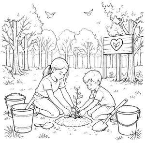 Eifrige Baumplanter mit Schaufeln Bastelvorlage für Waldhelfer
