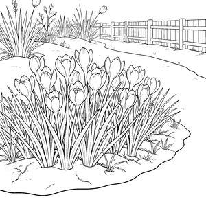 Farbenfrohe Krokusse im Gartenbeet Ausmalvorlage für kreative Blumenkinder