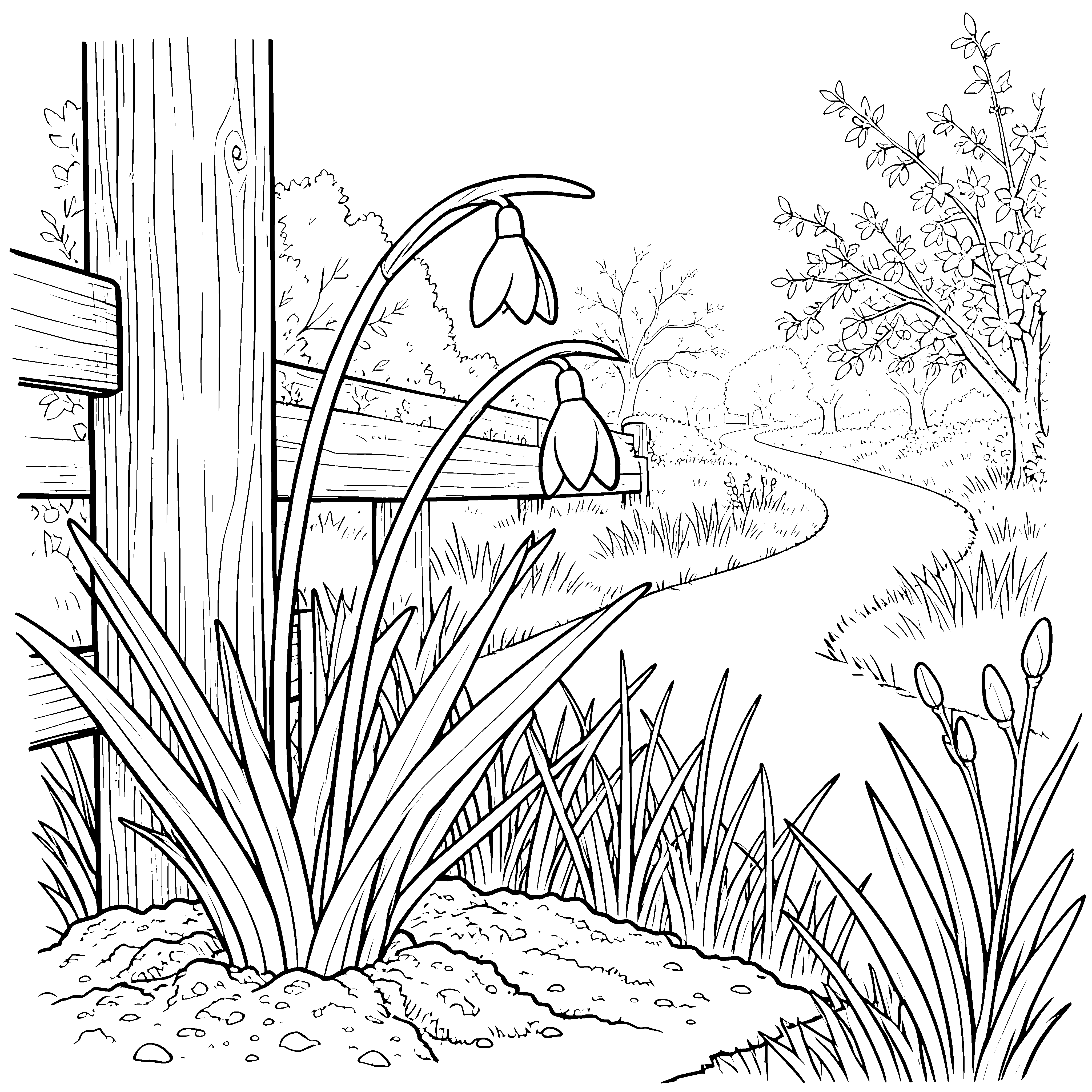 Sanfte Frühlingsglocken am Gartenpfad Malbild für kleine Pflanzenbegeisterte