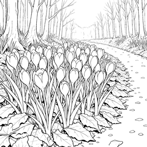 Heitere Frühlingsglöckchen am Waldweg Ausmalbild für kreative Waldforscher