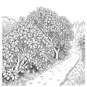 Üppige Büsche am Waldweg Malbild für junge Naturforscher