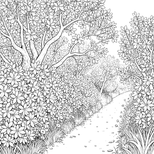 Üppige Blätterbüsche am Waldweg Malbild für kleine Naturkinder