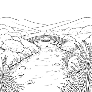 Idyllische Flusslandschaft mit Holzbrücke Malvorlage für kreative Flusswanderer