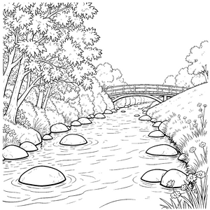 Friedliche Flusslandschaft mit Holzbrücke Malvorlage für fröhliche Bachläufer