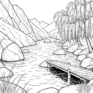 Majestätische Flusslandschaft mit Holzsteg Bastelvorlage für malfreudige Naturbegeisterte