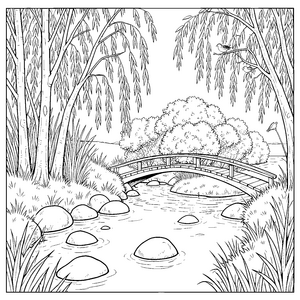 Ruhige Flusslandschaft mit Holzbrücke Ausmalbild für kreative Naturkinder