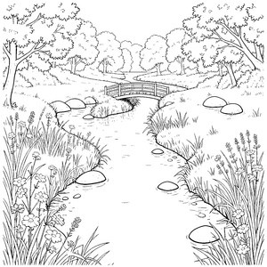 Idyllische Flusslandschaft mit Brücke und Blumen Ausmalvorlage für junge Naturfreunde