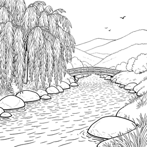 雄wuchtiger Fluss mit Weiden und Brücke Ausmalvorlage für Abenteurer