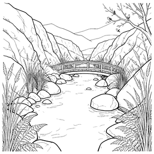 Majestätische Flusslandschaft mit Holzbrücke Bastelmotiv für kleine Bergwanderer