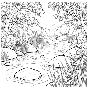 Ruhige Flusslandschaft mit Felsen Malbild für mutige Flussläufer