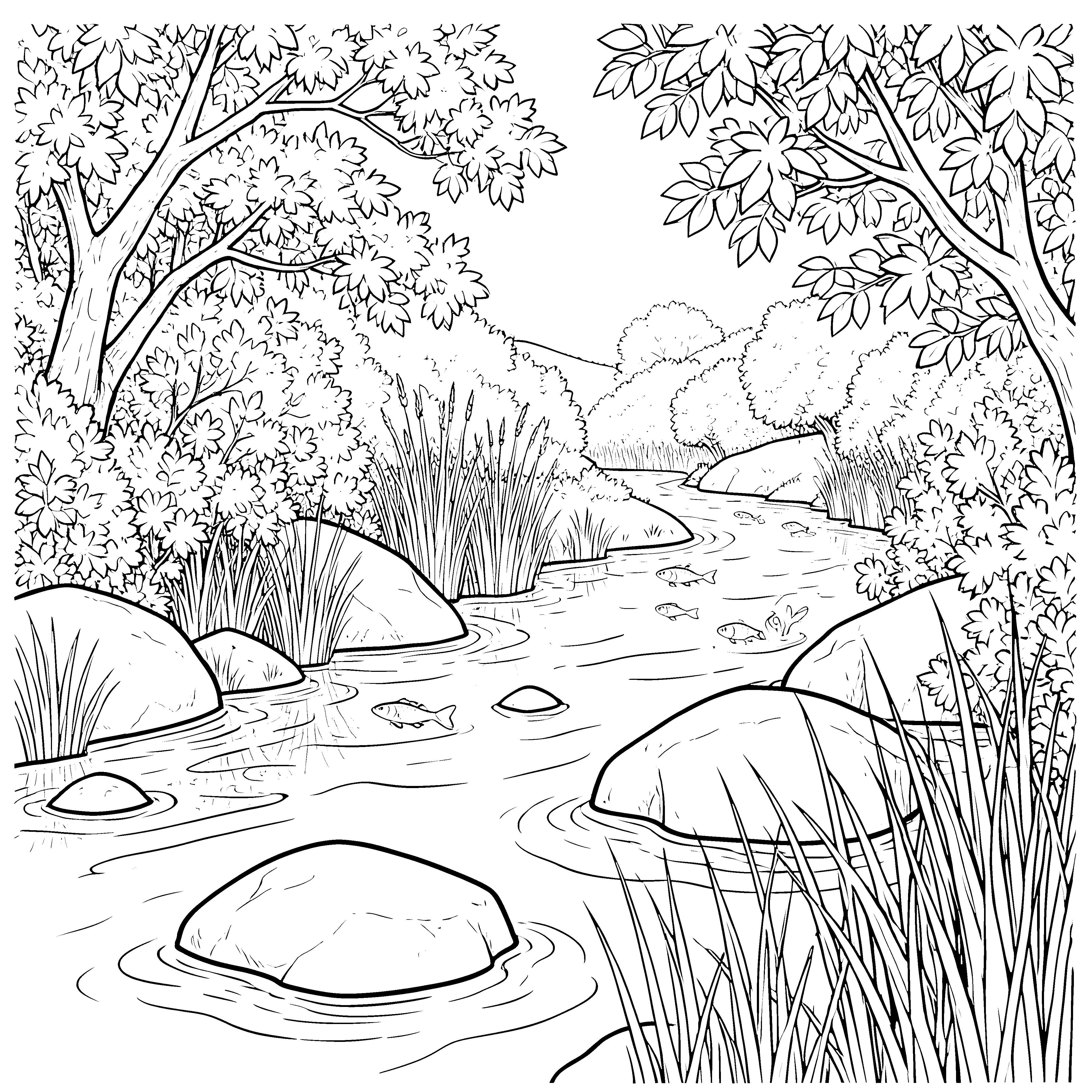 Ruhige Flusslandschaft mit Felsen Malbild für mutige Flussläufer