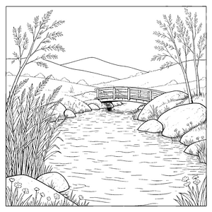 Abgelegene Flusslandschaft mit Schilf Malvorlage für Wasserfreunde