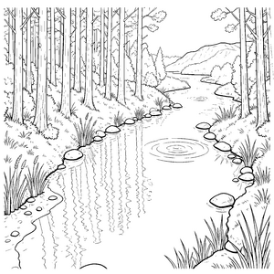 Mystische Flusslandschaft mit Schilf Malbild für junge Waldkinder