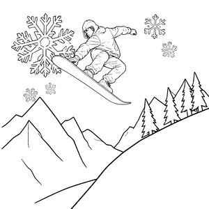 Spektakulärer Snowboarder im Schneegestöber Ausmalvorlage für kleine Winterhelden