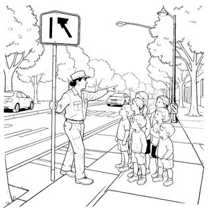 Erklärender Polizist am Verkehrsschild Malvorlage für kreative Straßenkinder