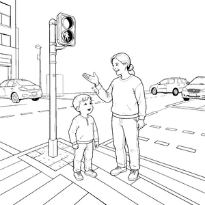 Lehrreiche Frau an der Ampel Malbild für mutige Stadtkinder