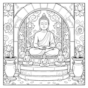 Ehrfürchtige Buddhas mit Lotusblüten Ausmalbild für fröhliche Meditationsfreunde