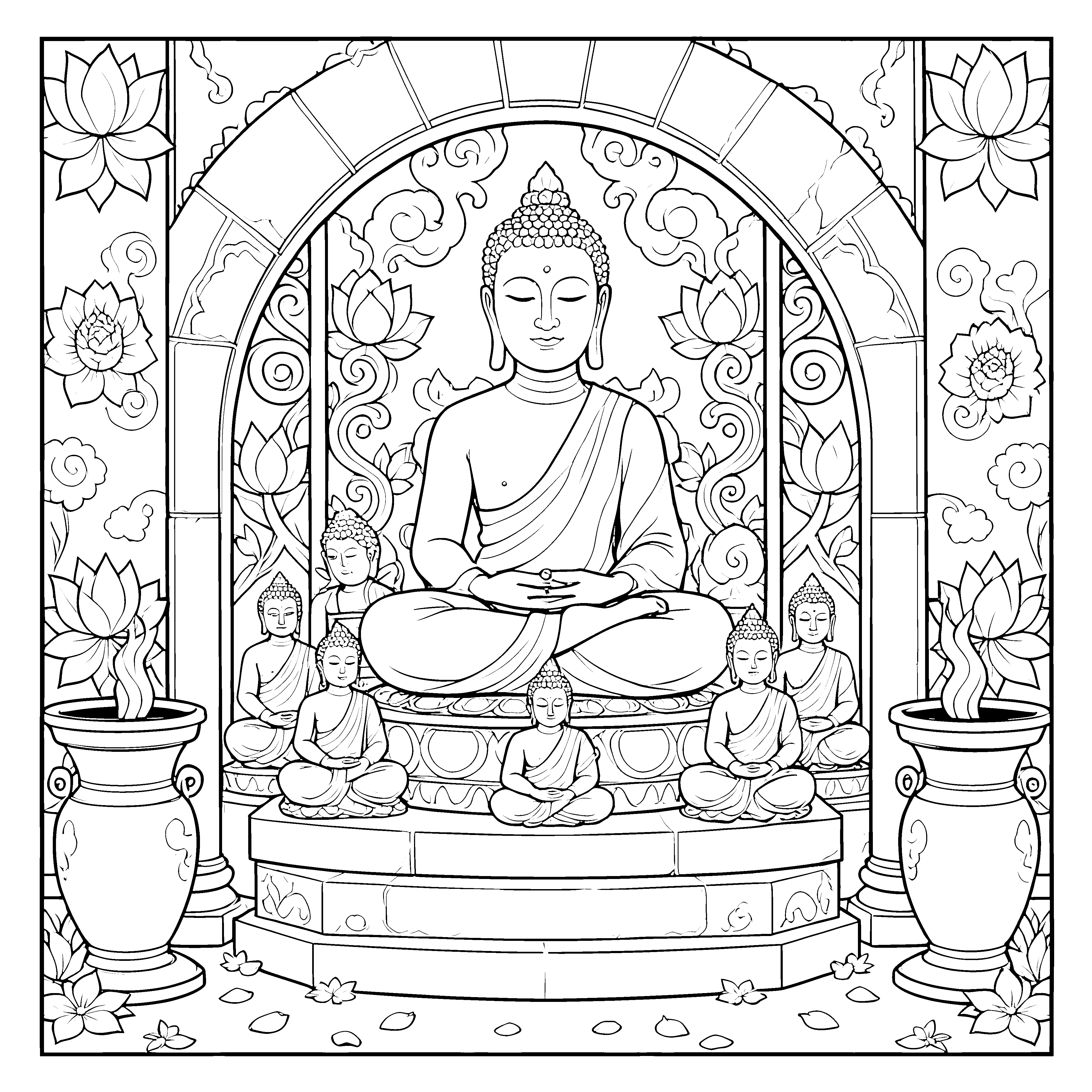 Ehrfürchtige Buddhas mit Lotusblüten Ausmalbild für fröhliche Meditationsfreunde