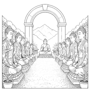 Harmonische Buddhas am Bergweg Bastelmotiv für malfreudige Tempelbesucher