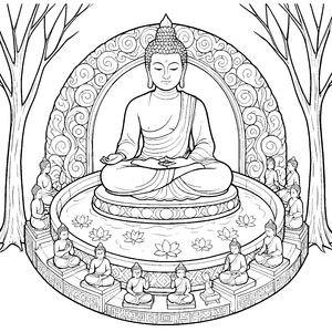 Erhabener Buddha auf Lotusthron Malvorlage für friedliche Meditationsfreunde
