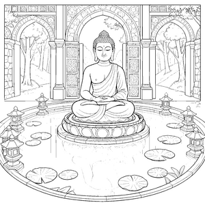 Friedlicher Buddha im Pavillon Malvorlage für kleine Teichfreunde