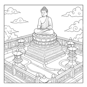Ehrwürdiger Buddha auf verzierter Balustrade Bastelvorlage für malfreudige Tempelbesucher