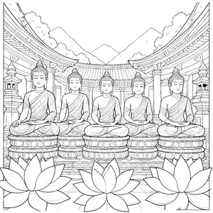 Ehrwürdige Buddhas auf Lotusthronen Ausmalvorlage für kleine Tempelfreunde