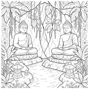 Harmonische Buddhas am Bach Malvorlage für verträumte Waldfreunde