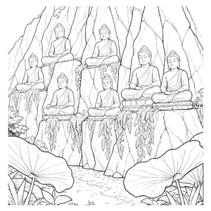 Erhabene Buddhas an Felswänden Ausmalbild für verträumte Bergfreunde