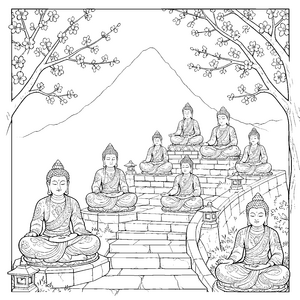 Ehrwürdige Buddhas auf Steinstufen Bastelmotiv für kleine Naturfreunde
