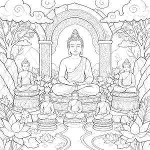 Harmonische Buddhas unter Wolken Malbild für kleine Gartenfreunde
