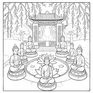 Symmetrische Buddhas im Pagodengarten Malvorlage für junge Naturfreunde