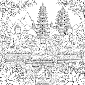 Mystische Buddhas vor Pagoden Ausmalbild für kleine Tempelbesucher