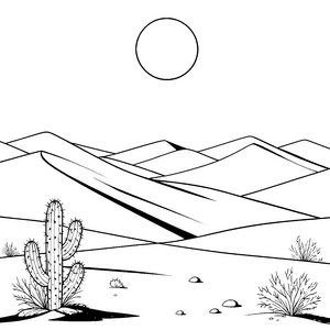 Weite Dünenlandschaft mit Kaktus-Ausmalvorlage für neugierige Wüstenfreunde