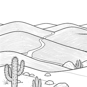 Sanfte Dünen mit Kakteen Ausmalbild für neugierige Sandkinder