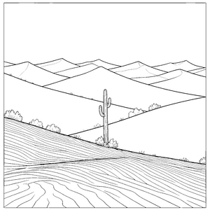 Ruhige Dünenlandschaft mit Saguaro-Kaktus Ausmalbild für junge Wüstenforscher