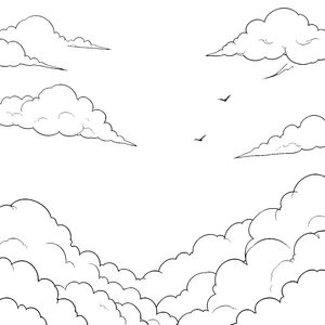 Baumwolliger Wolkenhimmel mit Vögeln Bastelvorlage für malfreudige Himmelsbummler