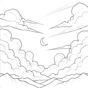 Ruhiger Wolkenhimmel mit Sichelmond Ausmalvorlage für verträumte Bergkinder