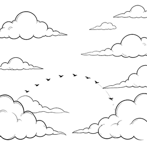 Riesiger Wolkenhimmel mit Vogelschwarm Bastelvorlage für kleine Luftfahrtfreunde