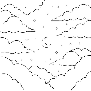 Sternenklarer Wolkenhimmel mit Sichelmond Bastelvorlage für mutige Nachtträumer